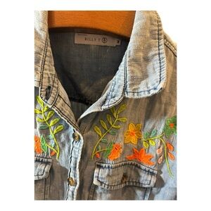 Billy T Women's Embroidered Denim Button Down Shirt - Blue